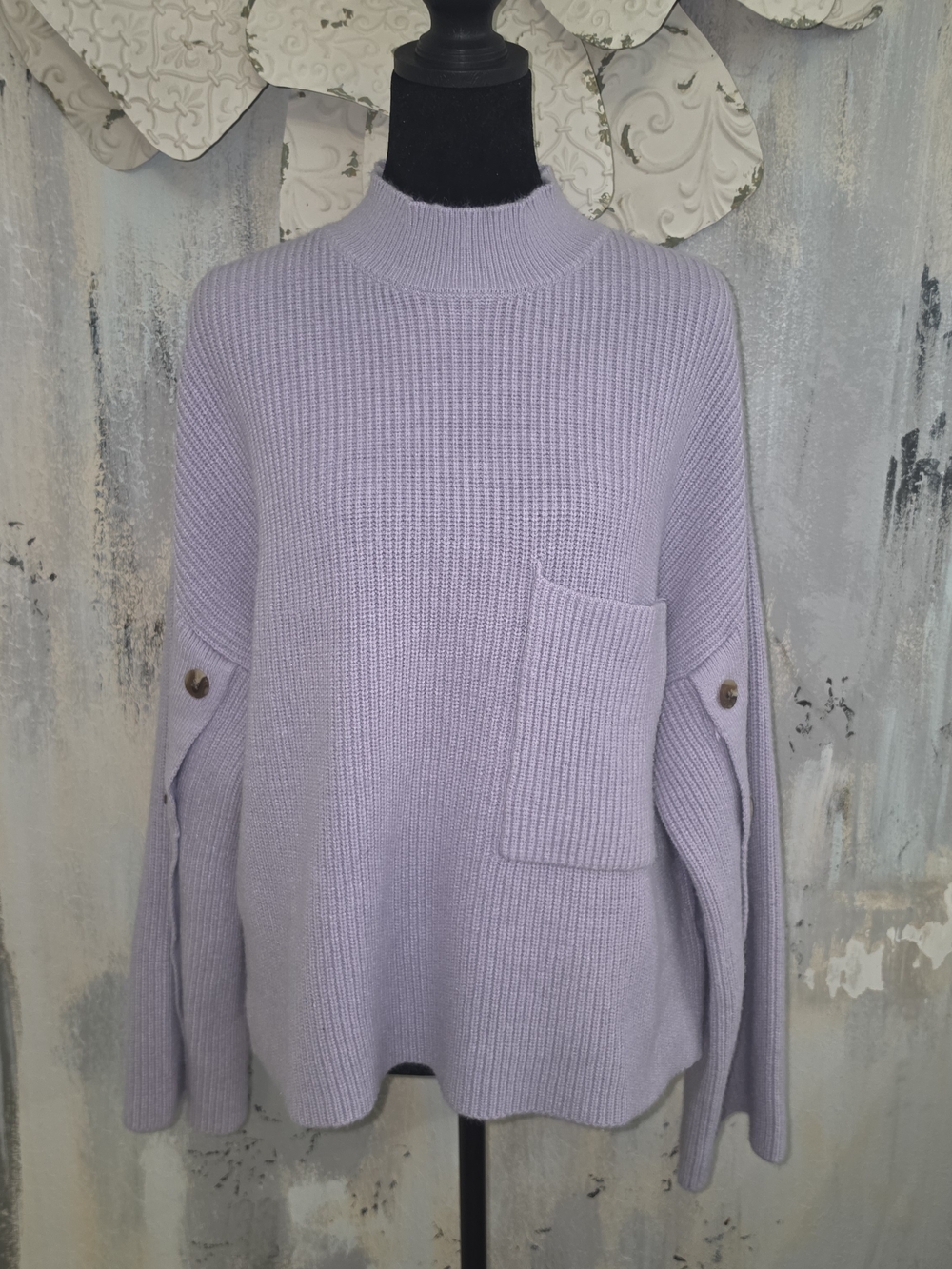 For The Republic Lilac Mock Neck Oversized Pocket Sweater With Button Sleeves